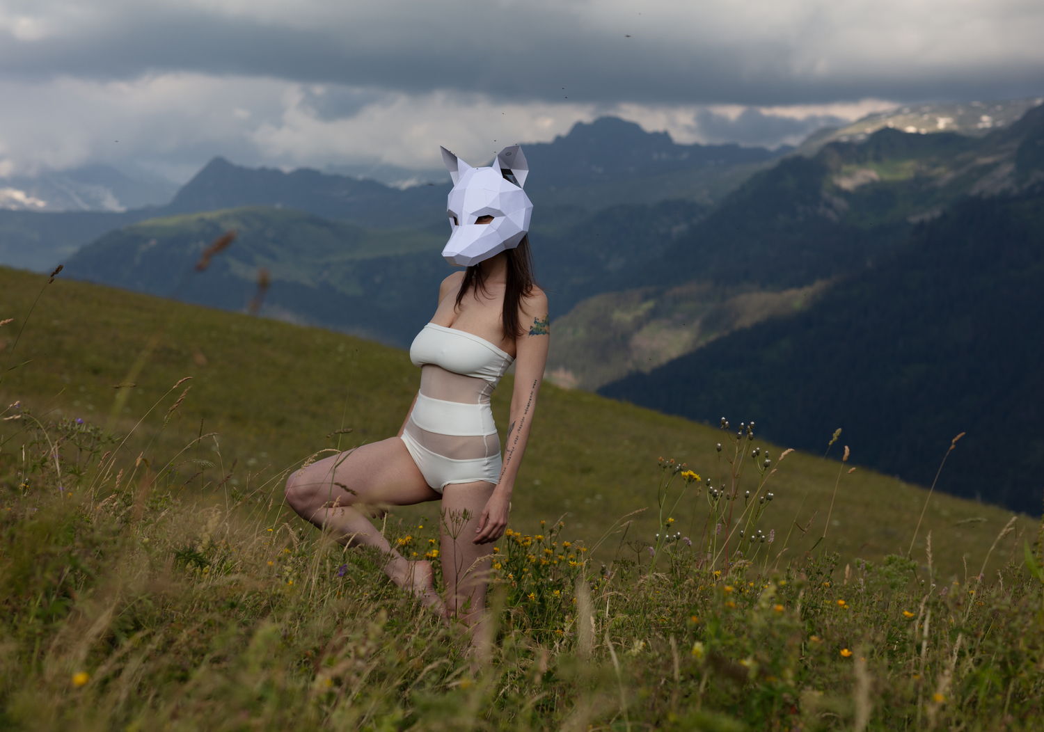 Fox mask on the meadow, uncropped, before
